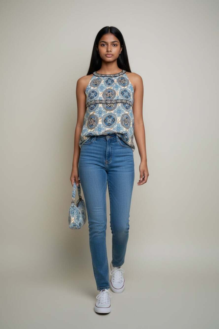 Yves Size L Blue Geometric Print Sleeveless Tank Top